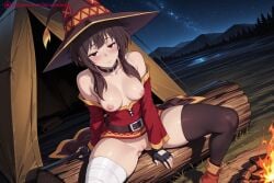 kiraamane ai_generated patreon seductive sexy uncensored watermark hi_res high_quality high_resolution megumin kono_subarashii_sekai_ni_shukufuku_wo! gloves hat 1girl breasts thighhighs bandages single_thighhigh nipples fingerless_gloves black_legwear sitting bandaged_leg blush solo witch_hat red_eyes pussy belt short_hair web_address bare_shoulders collar black_gloves small_breasts patreon_username patreon_logo artist_name dress collarbone brown_hair red_dress off_shoulder smoke black_belt spread_legs holding looking_at_viewer black_hair areolae choker bangs short_hair_with_long_locks no_panties