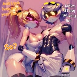 abs ai_generated big_breasts blonde_hair cheating cheating_boyfriend english_text gigiti large_breasts lizzy_(murder_drones) long_hair male/female murder_drones muscles muscular muscular_male n_(murder_drones) netorare ntr robot robot_boy robot_girl short_hair shower text trogiai white_body white_hair