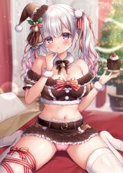 mitsuba_choco original 1girl bare_shoulders bell belt blurry bow bowtie breasts brown_shirt brown_skirt cake cake_slice cameltoe christmas christmas_tree cleavage crop_top depth_of_field food frilled_skirt frills fur_collar fur_trim hair_ribbon hat heart heart-shaped_pupils holding large_breasts leg_ribbon long_hair looking_at_viewer midriff miniskirt multicolored_hair navel no_shoes off-shoulder_shirt off_shoulder panties parted_lips pink_eyes pink_panties plate pom_pom_(clothes) red_ribbon revealing_clothes ribbon santa_hat shirt short_sleeves sitting skindentation skirt solo stomach streaked_hair symbol-shaped_pupils thighhighs thighs twintails two-tone_hair underwear wariza white_hair white_thighhighs