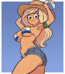 belly bikini bikini_visible_through_clothes blonde_hair blue_background broistgruen brown_eyes coco_schoppenboer eyebrows_visible_through_hair eyelashes feathered_hat flag_bikini hat holding_hat jean_shorts large_breasts long_hair ongezellig open_fly posing smiling_at_viewer south_african_flag straw_hat thick_female
