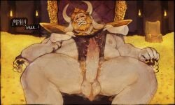 anthro asgore_dreemurr balls barazoku beard belly_hair bodily_fluids body_hair boss_monster_(undertale) bottomwear bovid caprine chair chest_hair clothing crown cum detailed_background dirty_penis disembodied_hand english_text facial_hair fanofthefurr first_person_view flower foreskin furniture genital_fluids genitals goat hairy_balls hairy_male headgear hi_res horn loincloth long_ears long_penis male mammal moan moobs mostly_nude_anthro mostly_nude_male musk nipple_fetish nipple_play overweight overweight_male penis plant saggy_balls sitting solo speech_bubble sweat talking_to_viewer text thick_thighs throne undertale_(series)