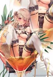 1girl azumi_akitake bikini black_bikini blonde_hair blush breasts cameltoe circlet covered_nipples cup detached_sleeves drinking_glass elf feet_against_glass female female_only flower food frilled_thighhighs frills fruit garter_belt highres in_container in_cup jewelry large_breasts long_hair long_sleeves looking_at_viewer melonbooks mini_person minigirl navel necklace one_side_up orange_(fruit) orange_slice original pillow pointy_ears red_eyes red_flower sitting skindentation soles solo suggestive_fluid swimsuit thighhighs underboob white_flower white_thighhighs