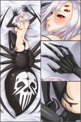 1girls arachne arthropod_girl carapace claws close-up extra_eyes lying monster_girl monster_musume_no_iru_nichijou nude on_bed purple_hair rachnera_arachnera silk spider spider_girl zooming_in