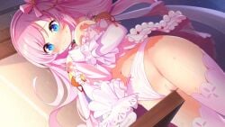 1girl angel_cake_(sugar_conflict) animated bob_cut bouncing_breasts breasts breasts_out clothed corner_masturbation dress dress_lift female_masturbation frilled_dress game_cg large_breasts long_hair masturbation nipples open_clothes panties panties_aside pink_hair pussy skirt_lift standing sugar_conflict_x table uncensored