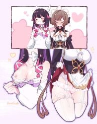 2girls blush bunnicrush columbina_(genshin_impact) female female/female female_only garter_straps genshin_impact hoyoverse lifting_skirt long_hair mihoyo nipple_peek panties sandrone_(genshin_impact) thighhighs yuri