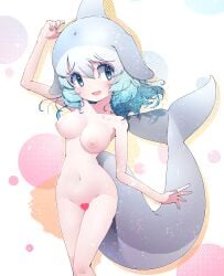 1girl absurdres blowhole blue_eyes blue_hair blush breasts cetacean_tail commentary_request common_bottlenose_dolphin_(kemono_friends) dolphin_girl dorsal_fin fins fish_tail grey_hair head_fins highres kemono_friends large_breasts looking_at_viewer luichan multicolored_hair navel nipples open_mouth short_hair smile solo tail white_hair