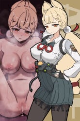 1girl after_sex after_vaginal alice_thymefield animal_ears blonde_hair bow bowtie breasts brown_pantyhose censored character_name closed_mouth collared_shirt commentary_request completely_nude cum cum_in_pussy cumdrip green_bow green_bowtie green_skirt hair_ornament hand_on_own_hip highres large_breasts long_hair looking_at_viewer low_twintails mosaic_censoring multiple_views navel nipples nude pantyhose pleated_skirt pussy rabbit_ears sakurein shirt skirt sphere_hair_ornament stomach sweat twintails white_shirt yellow_eyes zenless_zone_zero