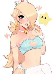 1girls 1other bell_collar blonde_hair blue_eyes blush bra breasts cat_keyhole_bra cat_lingerie cherry cleavage cleavage_cutout crossed_legs crown earrings eyelashes female female_focus hair_over_one_eye heart human jewelry luma makeup mario_(series) mouth_hold navel nintendo panties princess_rosalina rasbii scrunchie simple_background sitting solo_focus thighhighs white_background