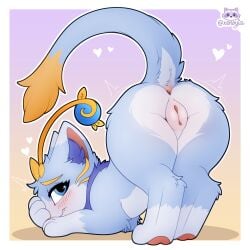 anus ass_up blush covering covering_face domestic_cat felid feline felis female feral genitals hi_res league_of_legends legs_together looking_at_viewer mammal presenting rear_view riot_games tencent vulva xenoyia yuumi_(lol)