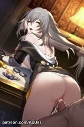 1boy ai_generated animated anus ass axu bent_over black_gloves black_jacket breasts clothed_sex clothes_lift coin crying_with_eyes_open cum cum_in_pussy dark-skinned_male female from_behind gloves grabbing_another's_hair grey_hair honkai:_star_rail indoors jacket long_hair looking_at_viewer looking_back medium_breasts mp4 nipples off_shoulder penis pussy sex sex_from_behind shirt solo_focus standing standing_sex stelle_(honkai:_star_rail) straight sweat table tagme tears teeth uncensored vaginal_penetration video white_shirt yellow_eyes