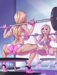 ass_cleavage big_breasts bimbo blonde_female blonde_hair breasts butt_crack cleavage female female_only high_heels jenny_poussin kajinman large_breasts looking_at_viewer original panties solo squatting weightlifting weights