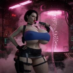 ai_generated atmospheric bandeau belt bimbo bimbo_body bimbofication capcom choker cleavage drinking exposed_midriff eyebrow_piercing female_only fingerless_gloves fishnets hand_on_hip hoop_earrings huge_breasts jill_valentine jill_valentine_(sasha_zotova) laboratory logan_d microskirt navel_piercing pussy pussy_peek resident_evil smoke solo_female thick_lips thick_thighs thigh_holster thighhighs tight_clothing tubetop underboob wide_hips