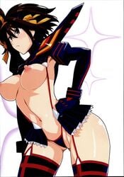 absurdres black_legwear black_panties blush breasts brown_eyes brown_hair cameltoe cosplay female haruhisky highres kill_la_kill large_breasts matoi_ryuuko_(cosplay) navel nipples no_bra panties senketsu simple_background solo suzumiya_haruhi suzumiya_haruhi_no_yuuutsu thighhighs thong underwear white_background