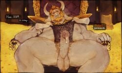 anthro asgore_dreemurr balls barazoku beard belly_hair bodily_fluids body_hair boss_monster_(undertale) bottomwear bovid caprine chair chest_hair clothing detailed_background dirty_penis disembodied_hand english_text facial_hair fanofthefurr first_person_view flower furniture genital_fluids genitals goat hairy_balls hairy_male hi_res horn loincloth long_ears male mammal moobs musk nipple_fetish nipple_play overweight overweight_male plant precum saggy_balls sitting smegma solo speech_bubble sweat talking_to_viewer text thick_thighs throne undertale_(series)