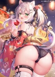 mitsuba_choco original 1girl animal_ears ass bare_shoulders black_bra black_panties blush bra breasts candy_apple cat_ears clothes_lift covered_nipples food green_eyes hair_ornament holding holding_candy_apple holding_food japanese_clothes kimono lace-trimmed_panties lace_trim large_breasts long_sleeves looking_back panties skirt skirt_lift tail takoyaki thighhighs twintails underwear yukata
