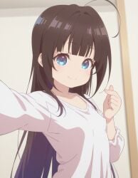 ai_generated beautiful_girl bedroom blue_eyes brown_hair female female_only flat_chest heavenly_body hinatsuru_ai petite_female pretty_girl selfie sexy skinny_female slutty_body slutty_female small_breasts temptation tempting_viewer white_skin