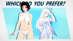 2girls bikini bikini_bottom bikini_top black_hair black_hair_female blue_eyes half-dressed half_naked height_difference onlyrubez ruby_rose rwby silver_eyes weiss_schnee white_hair white_hair_female