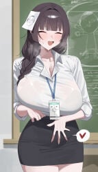 1girl _ _()_ absurdres black_hair black_skirt blue_archive blush braid breasts chalkboard cleavage closed_eyes collared_shirt commentary cowboy_shot doodle_sensei_(blue_archive) female_sensei_(blue_archive) female_sensei_(blue_archive)_(xipa) hair_intakes heart highres huge_breasts lanyard long_hair long_sleeves miniskirt mm_(mhm2592) open_mouth paper_on_head pencil_skirt sensei_(blue_archive) shirt skirt sleeves_rolled_up solo standing sweat tagme white_shirt