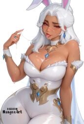 1girl ai_generated animal_ears artist_name bare_shoulders blizzard_entertainment blush breasts bunny_business_domina cameltoe cleavage cum cum_in_mouth cum_on_body cum_on_breasts cum_string dark-skinned_female dark_skin domina earrings explicit facial jewelry large_breasts lips long_hair looking_at_viewer nail_polish nuageeart overwatch overwatch_2 pants rabbit_ears red_eyes ring simple_background sitting smile solo strapless suggestive_fluid sweat thick_thighs thighs tight tongue tongue_out white_background white_hair white_nails wrist_cuffs