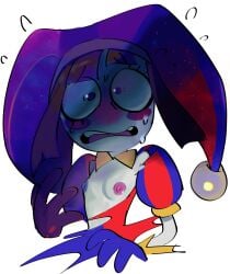 1girls blush clown_girl embarrassed female female_only flat_chest gooseworx jester multicolored_areola pinklilim pomni_(the_amazing_digital_circus) small_breasts solo surprised sweating the_amazing_digital_circus torn_clothes white_background