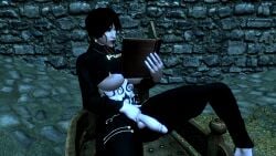 3d big_breasts black_hair clothing_aside darkina_(skibidoa) female futanari light_skin pierced_nipples skyrim solo solo_female thick_thighs underboob voluptuous white_body