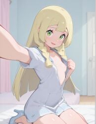 ai_generated beautiful_girl bedroom blonde_female breasts_out female female_only flat_chest green_eyes heavenly_body lillie_(pokemon) petite_female pink_nipples pretty_girl selfie sexy skinny_female slutty_body slutty_female small_breasts temptation tempting_viewer white_skin