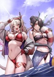 2d 2d_(artwork) 2d_artwork 2girls adult adult_female arknights arm_above_head arm_up belly belly_button big_boobs big_breasts bikini bikini_bottom bikini_only bikini_top black-haired_female black_arms black_bikini black_bikini_bottom black_bikini_top black_hair black_swimsuit black_swimwear blue_horn blue_horns blue_sky breasts breasts_apart busty busty_female busty_girl cleavage clouds coat collarbone cowboy_shot curvaceous curvaceous_body curvaceous_female curvaceous_figure curvaceous_hips curvy curvy_body curvy_female curvy_figure curvy_hips day daylight daytime digital digital_art digital_drawing digital_drawing_(artwork) digital_media digital_media_(artwork) dokuro_deluxe drawing dripping_wet duo dusk_(arknights) ear_piercing ear_piercings earrings eyebrows_hidden_by_hair eyebrows_visible_through_hair female female_focus female_only fingers from_below_view from_front front_view frown frown_eyebrows frowning frowning_at_viewer goggles goggles_on_forehead goggles_on_head groin hair_between_eyes hair_bun hair_covering_eye hair_over_eye hair_over_one_eye half-closed_eyes halterneck hand_above_head hand_on_head hand_on_hip hand_on_own_head hand_on_own_hip hand_on_own_waist hand_on_waist hand_up head_tilt high_resolution highres horizon horn horns hourglass_figure inframammary_fold inguinal_crease inguinal_ligament jacket large_boobs large_breasts lean_figure legs_closed legs_together long_hair looking_at_viewer looking_down looking_down_at_viewer low-angle_shot low_angle_view mature mature_female midriff multicolored_hair multiple_females multiple_girls narrow_waist navel nian_(arknights) o-ring_bikini o-ring_bikini_top ocean open_coat open_jacket open_mouth open_mouth_smile orange-eyed_female orange_eyes outdoor outdoor_nudity outdoors outside parted_bangs parted_lips partially_submerged partially_submerged_legs pierced_ear pierced_ears ponytail posing posing_for_the_viewer purple-eyed_female purple_eyes red-haired_female red_bikini red_bikini_bottom red_bikini_top red_hair red_horn red_horns red_swimsuit red_swimwear scowl sea seaside shoulders sidelocks skindentation sky slender_body slender_waist slim_female slim_waist smile smiley_face smiling smiling_at_viewer soaked standing string_bikini submerged_feet submerged_legs swimsuit swimwear tail thick_thighs thigh_gap thighs thighs_together tilted_head tongue tongue_out top_view touching_head touching_hip touching_waist underboob upper_body upper_teeth view_from_below viewed_from_below water wet wet_belly wet_bikini wet_body wet_breasts wet_face wet_hair wet_legs wet_skin wet_swimsuit wet_thighs white-haired_female white_coat white_hair white_jacket wide_hips