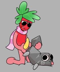 anthro_on_feral bestiality chimeracocks dandy's_world fruit_humanoid holding_penis humanoid_on_feral imminent_anal imminent_penetration imminent_sex object_head pebble_(dandy's_world) preparing_self size_difference sprout_(dandy's_world) zoophila