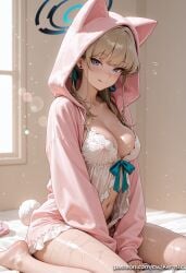 1girl ai_generated animal_hood asuma_toki bangs blue_archive blue_eyes blush breasts cleavage earrings halo hood indoors kermixx long_hair looking_at_viewer navel ribbon see-through sitting solo stud_earrings tail tongue tongue_out wariza wet