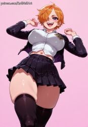 1girl 2026 ai_generated anime black_skirt black_thighhighs blush boobs breasts cleavage covered_nipples crossover eye_contact female female_focus flushed hair_over_one_eye highres huge_breasts jacket large_breasts long_sleeves looking_at_viewer midriff moaning navel nsfw one_piece open_clothes open_mouth orange_hair patreon pink_background pleated_skirt purple_eyes rognezart school_uniform shirt short_hair simple_background skindentation skirt smile smiling solo teeth thick_thighs thighhighs thighs vegapunk_lilith white_shirt