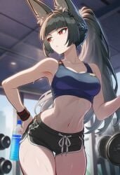 hoshimi_miyabi zenless_zone_zero mihoyo hoyoverse ai_generated lunealter 1girls female female_only female_focus mature_female pale_skin pale-skinned_female orange_eyes black_hair long_hair ponytail sweat sweatdrop looking_away gym gym_uniform alternate_costume partially_clothed holding_object belly_button midriff blue_topwear black_shorts minishorts topwear small_breasts big_ass big_thighs thick_thighs thick_legs thick_hips thick_butt exposed_midriff exposed_legs sfw 2026 uncensored day fox_ears fox_girl