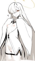 1girls ? blue_archive closed_mouth colored_skin cowboy_shot flat_chest hair_over_one_eye halo highres kumamiya long_hair looking_at_viewer malkuth_(blue_archive) nipples simple_background solo symbolshaped_pupils very_long_hair white_background white_hair white_skin xshaped_pupils yellow_eyes yellow_halo