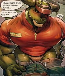animal_genitalia anthro arm_hair big_muscles big_pecs blush body_hair bottomwear bottomwear_down bulge clothed clothing cratty_wan dialogue dragon duo employee_uniform english_text facial_hair first_person_view furgonomic_piercing furgonomics genital_slit genitals green_body green_scales hairy hat headgear headwear horn horn_piercing leg_hair makota_toh male male/male male_pov mammal manly muscular muscular_male mythological_creature mythological_scalie mythology pants pants_down partially_clothed pecs piercing scales scalie shirt speech_bubble t-shirt tail text topwear undressing unprofessional_behavior visor_cap