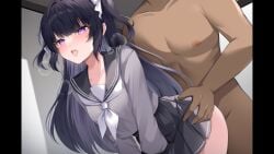 1boy 1girl anjou_mikage bent_over black_sailor_collar black_skirt blush breasts clothed_female_nude_male clothed_sex collarbone cowboy_shot game_asset grey_serafuku hair_intakes hair_ribbon heavy_breathing indoors long_hair long_sleeves looking_ahead mahou_shoujo_ririimea medium_breasts neckerchief non-web_source nude official_art pillarboxed pleated_skirt purple_eyes ribbon sailor_collar school_uniform self-datamine serafuku sex sex_from_behind shirt skirt tongue tongue_out torogao two_side_up white_neckerchief white_ribbon ymkrnchan