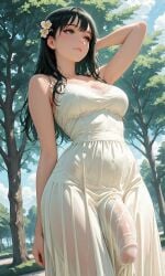 1futa ai_generated big_penis black_hair breasts bulge dickgirl dress female futa_only futanari green_eyes hand_behind_head hand_up intersex jamesbron large_penis long_dress long_hair looking_away medium_breasts no_panties outdoors penis penis_bulge penis_under_clothes penis_under_dress solo solo_futa standing wide_hips