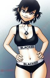 1girl 2018 ai_assisted ai_generated asian asian_female bags_under_eyes bedroom_eyes black_hair blacked blacked_clothing breasts choker cleavage clothing collarbone edit eyeshadow female female_only flashing gorillaz grok hands_on_hips head_tilt hi_res looking_at_viewer medium_breasts navel necklace noodle queen_of_spades short_hair smile solo sports_bra thigh_gap zillionaire