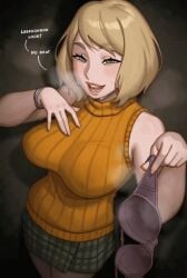 1boy 1girls animated animated_gif ashley_graham ashley_graham_(ella_freya) big_breasts blonde_hair bra bra_meme bra_removed breasts breath breath_cloud capcom clothed clothing dialogue english_text female gif green_skirt hi_res large_breasts leon_scott_kennedy looking_at_viewer male male_pov narrowed_eyes no_bra offering_underwear pace_r18 resident_evil resident_evil_4 resident_evil_4_remake rizdraws showing_off skirt smiling smiling_at_viewer solo speech_bubble steam steaming_body steamy_breath sweat sweat_clouds sweat_stain sweatdrop sweating sweaty sweaty_bra tagme talking_to_viewer turtleneck_sweater voluptuous