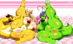 ampharos anthro anus ass belly big_breasts big_butt biped blush breasts digital_media_(artwork) erika_(pokemon) female hair huge_breasts jasmine_(pokemon) meganium navel navel_rim nintendo nipples overweight overweight_female pokémon_(species) pokemon pokemon_(species) pokemorph presenting pussy raised_leg thick_thighs video_games ymbk