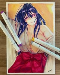 akeno_himejima artist_signature big_breasts blushing breasts breasts_bigger_than_head breasts_out censored censored_nipples female female_only fully_clothed heart-shaped_pupils high_school_dxd huge_breasts japanese_clothes kurogi long_hair looking_at_viewer massive_breasts nipples pink_eyes purple_hair sitting thick traditional_art traditional_media_(artwork) voluptuous