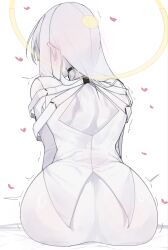 1girl ass ass_focus back back_focus blue_archive blush blush_visible_through_hair choker commentary_request from_behind gensou_destroy hair_over_shoulder halo heart highres huge_ass malkuth_(blue_archive) nape simple_background sitting trembling white_hair