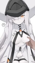 1boy 1girl ? _ _()_ __ ___ _____ ______ blue_archive breasts commentary grabbing_another's_breast groping hair_over_one_eye hat hetero highres long_hair looking_at_viewer malkuth_(blue_archive) medium_breasts mikozin orange_eyes pale_skin pov solo_focus spoken_question_mark thigh_strap white_hair white_hat