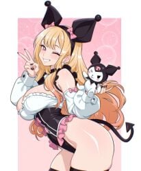 2girls :d ;d alternate_hair_color black_hair blush bow breasts choker cleavage cosplay crossover ear_piercing frilled_leotard frills gradient_hair grin highres jewelry kitagawa_marin kuromi kuromi_(cosplay) leotard long_hair looking_at_viewer multicolored_hair multiple_girls my_melody_(series) one_eye_closed piercing pink_hair red_eyes sanrio smile sono_bisque_doll_wa_koi_wo_suru tongue tongue_out v vizaz