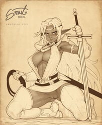 1girls 2018 abs bbc-chan blush breasts cleavage curvaceous dark-skinned_female dark_elf dark_skin elf female female_only humanoid kneeling large_breasts long_hair looking_at_viewer monochrome pirotess pointy_ears pussy record_of_lodoss_war solo thick_thighs thighhighs wide_hips zettai_ryouiki