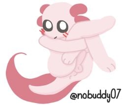 amphibian anthro aquatic axolotl balls black_sclera blush butt genitals gills hi_res legs_up looking_at_viewer male mole_salamander nobuddy nude_anthro nude_male penis pink_body raised_leg rear_focus salamander simple_background sitting smile solo sorbet_(nobuddy) tail