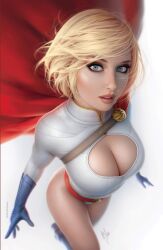 1girls big_breasts blonde_hair breasts cape cleavage cleavage_cutout cosplay dc dc_comics female female_focus female_only flying kara_zor-el large_breasts light-skinned_female light_skin looking_at_viewer massive_breasts power_girl short_hair solo superheroine superman_(series) warren_louw