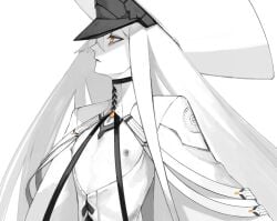 1girl _ _()_ __ ___ _____ ______ blue_archive breast_cutouts colored_skin flat_chest hair_between_eyes hat highres kawatiw large_hat long_hair malkuth_(blue_archive) nipples orange_eyes parted_lips profile simple_background solo symbolshaped_pupils upper_body very_long_hair white_background white_hair white_hat white_skin xshaped_pupils