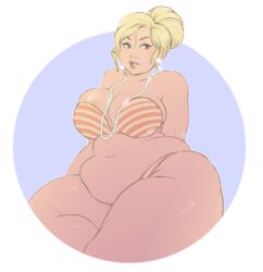 1girls archer_(series) bbw big_breasts blonde_hair chubby earrings female hair_bun jewelry kokobuttz lipstick mature_female milf necklace pam_poovey pearl_necklace plump strapless_bra striped_bra striped_panties thick_thighs voluptuous wide_hips