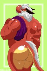 anthro ass barazoku cocoronut digital_media_(artwork) dragon facial_hair hair hi_res horn male male_only muscular nude pinup pose scalie simple_background smile solo