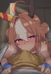 1boy 1girls 2d ahoge ai_generated animal_ears blowjob_through_clothes blue_gloves blush breasts brown_hair bulge cock copano_rickey_(umamusume) double_bun ear_covers erection erection_under_clothes fellatio fellatio_through_clothes female fingerless_gloves gloves hair_between_eyes hair_bun hair_ornament heart heavy_breathing hetero horse_ears horse_girl long_hair looking_at_viewer male male/female multicolored_hair oral penis pov purple_eyes sloppingslurpie solo_focus steam sweat umamusume umamusume_pretty_derby under_covers white_hair