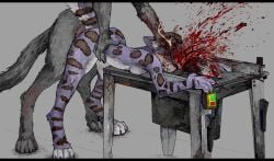 ambiguous_penetration anthro anthro_death black_bars blood bodily_fluids danger death digital_media_(artwork) duo felid female female_death forced from_behind_position gore guro jeffusherb letterbox male male/female male_on_top mammal on_top penetration pixel_(artwork) rape rapist saw sex tools